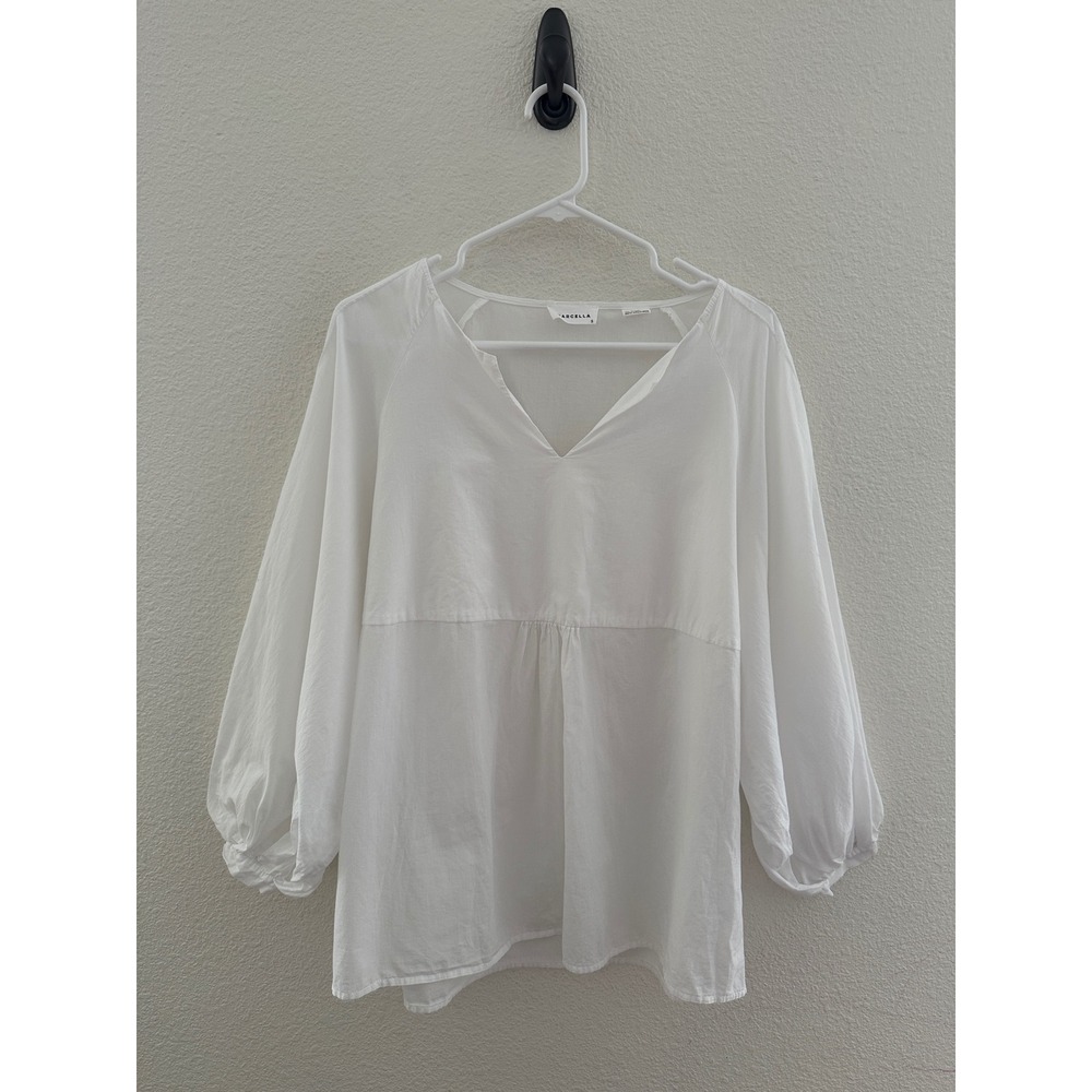 Marcella V-Neck Lantern Sleeve Blouse White Cotton Breathable Empire Waist Top S